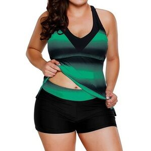 BOGO Chama Plus Size Color Block Tankini Swimsuits 2-Piece Top with Boyshorts